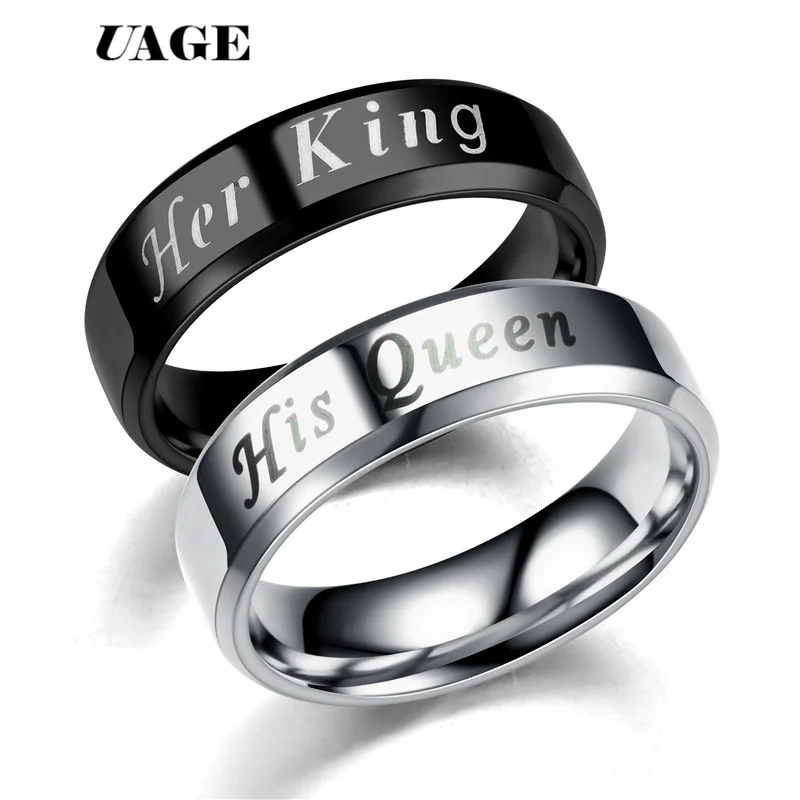 cheap UAGE Titanium His Queen Her King DIY Engraved Couple Ring Romantic Engagement Wedding Rings For Men Women Jewelry