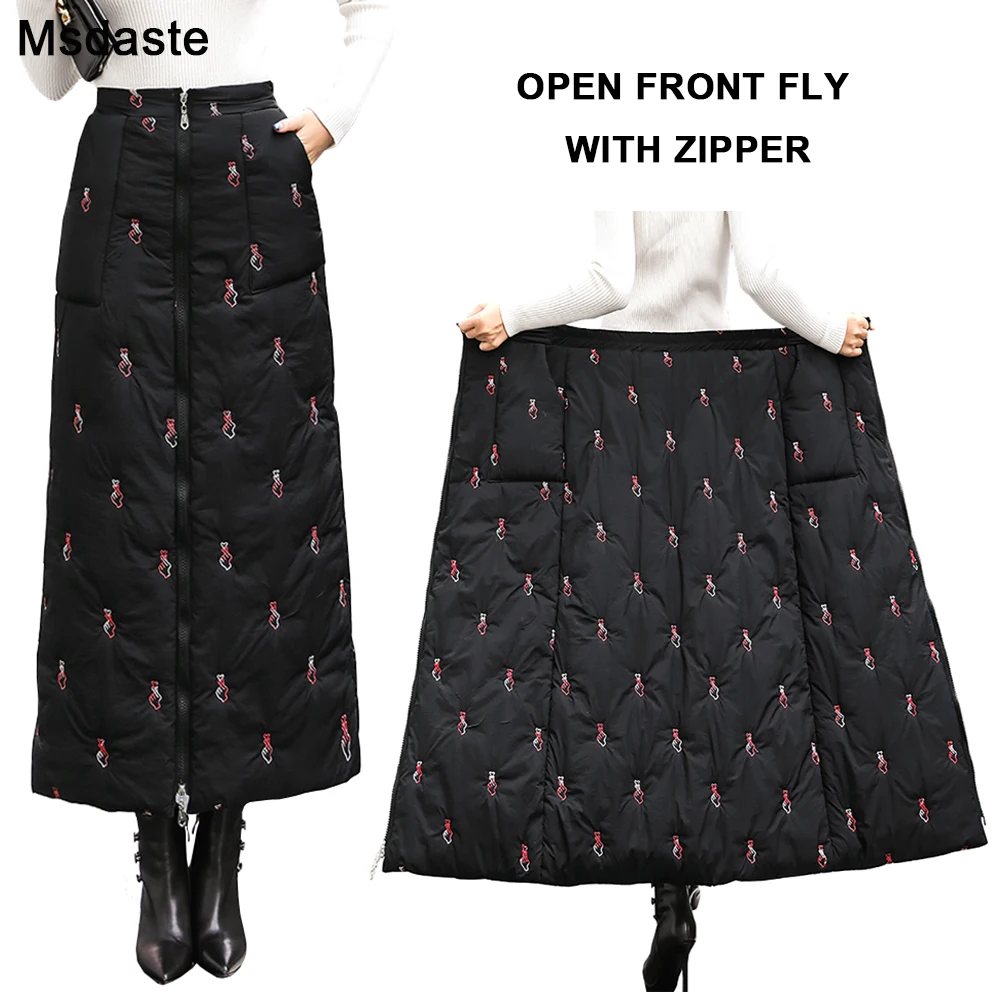 

2019 Warm Winter Women Skirts Plus Size 4XL Long Zipper Fly Thicken A Line Embroidery Black Maxi High Waist Female Down Skirt