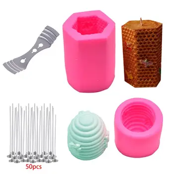 

3D Bee Honeycomb Candle Molds with 50Pcs Low Smoke Candle Wicks, Hexagon Beehive Silicone Molds for Making Beeswax Candle