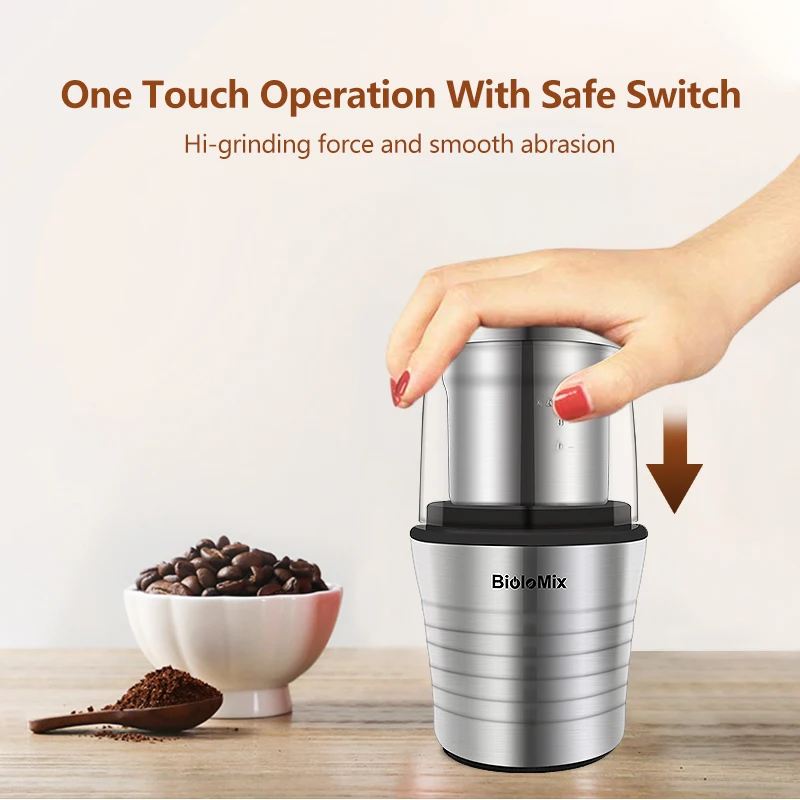 220V Electric Coffee Grinder,Noiseless Motor One Touch 304 Stainless Steel Blade Portable Bean Grinding Machine 