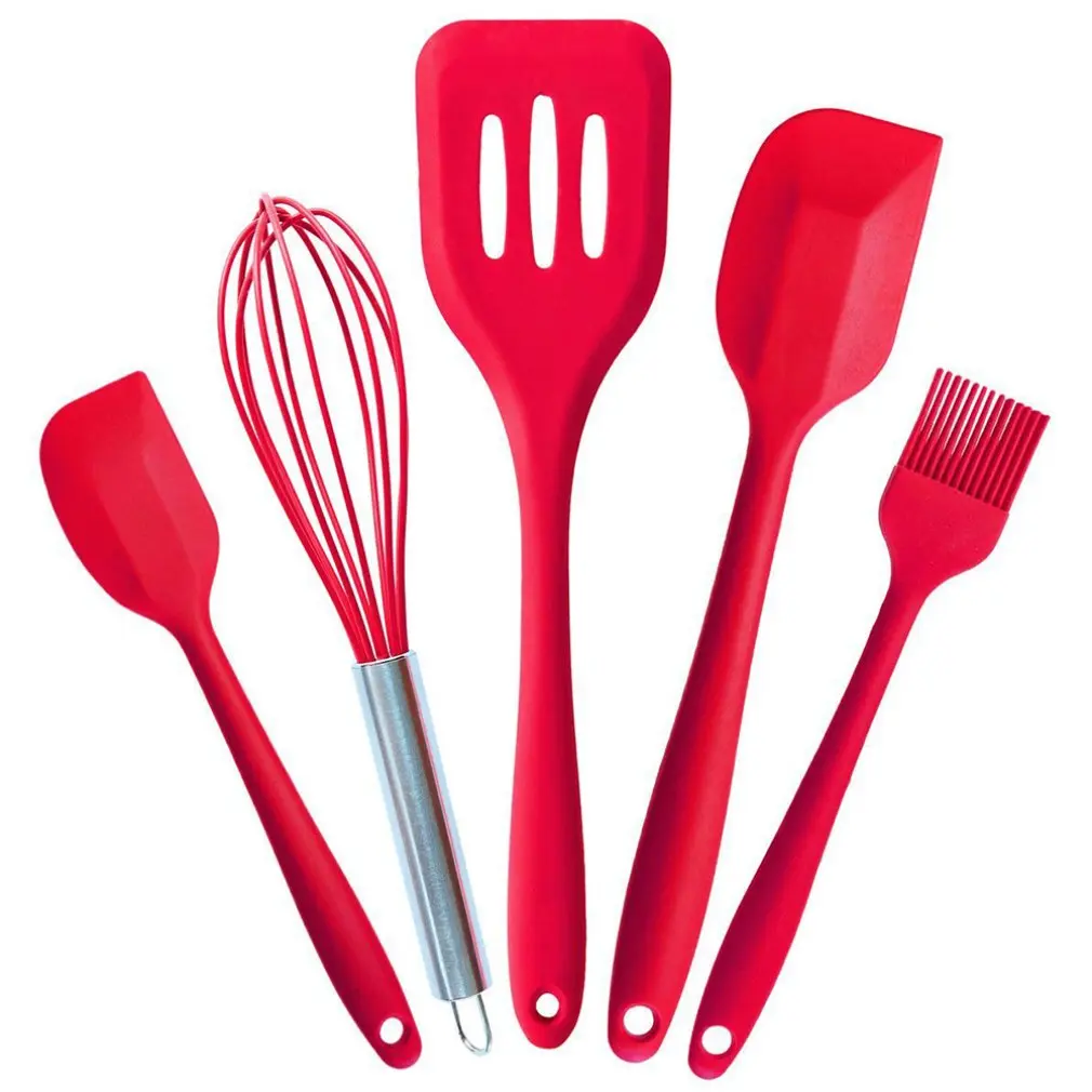 5Pcs Red Fashion Non-Stick Silicone Kitchen Portable Mini Kitchen Set Shovel Scraper Colander Food Clip Egg Beater