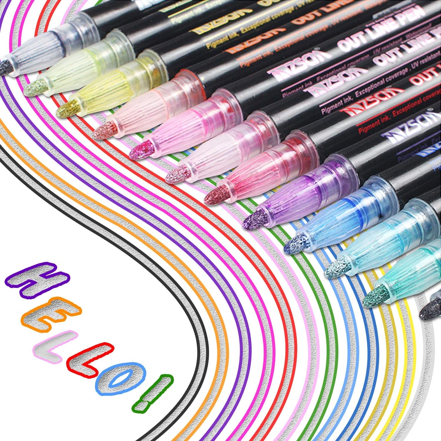 Outline Metallic Marker Pens 12 Colors Double Line Writing Drawing Highlighter 