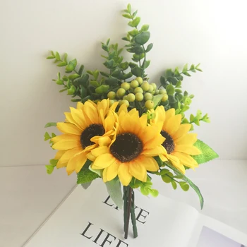 

4 Heads Artificial silk Sun Flower Berries Bouquet Flower handmade Arrangement Photo Props Home Office Party Decor home garden