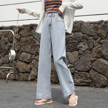 

Vintage Blue Straight Jeans Woman Summer 2020 New Elegant High Waist Wide Leg Denim Pants Jean Trousers Ladies Korean Plus Size