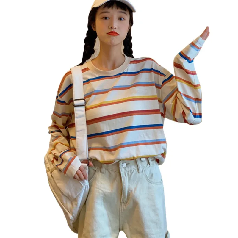 Женские Длинные футболки полосатая Осенняя Повседневная футболка Топ с круглым вырезом Корейская уличная одежда размера плюс женская одежда размера плюс Топ - Цвет: W