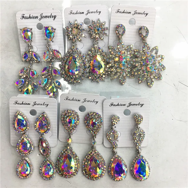 Wholesale Jewelry 12 Pairs Mixed Styles AB Color Crystal Earrings Women Wedding Bridal Rhinestone Drop Dangle Statement Earrings 5