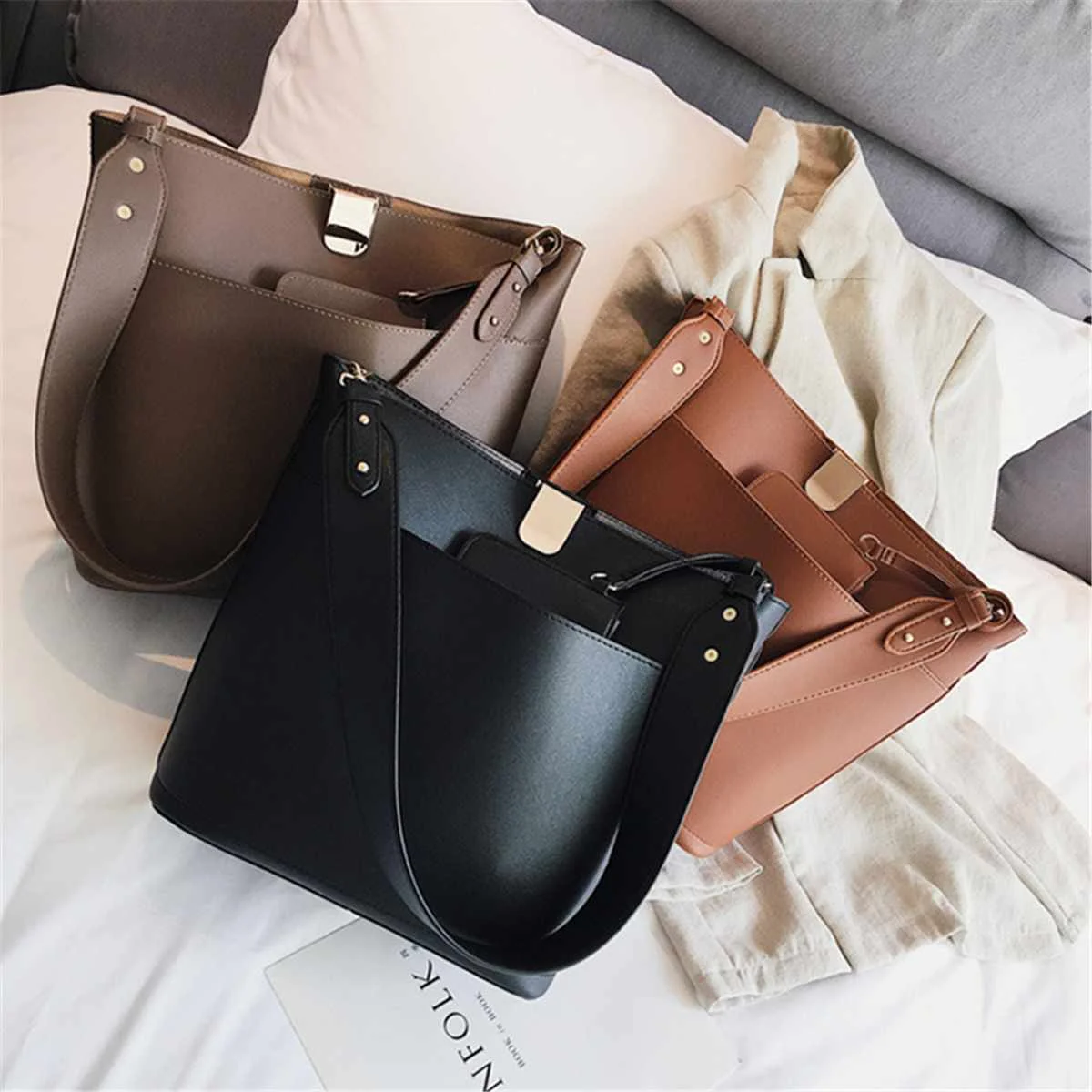 

2Pcs Fashion All-match Bucket Bag Simple Style PU Leather Shoulder Women's Handbags Female Bag Casual Crossbody Messenger Bags