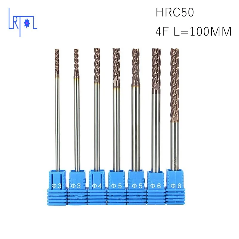 

7PCS SET HRC50 D3 4 5 6*L100mm 4 Flutes extra long Tungsten Carbide flat square End Mill Set CNC Tool milling cutter of machine