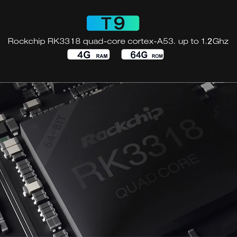  T9 Android 9.0 Smart TV BOX RK3318 Quad core 4GB Ram 64G Rom Digital Display 2.4G/5G Dual WIFI Blue - 4000233739411