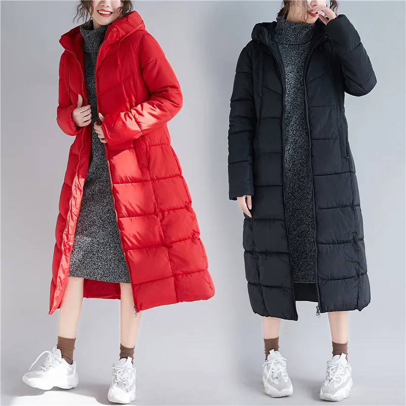 

Winter New Style Fat Mm Slim Fit Slimming Warm Cotton Coat over-the-Knee Mid-length Thick Bright Red Cotton-padded Clothes Coat