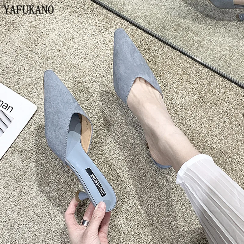 

Fashion Dress Sandals 2020 Woman Summer Outdoor Pointed Toe High Heels Slides Baotou Half Slippers Thin Heels Heel Mueller Shoes