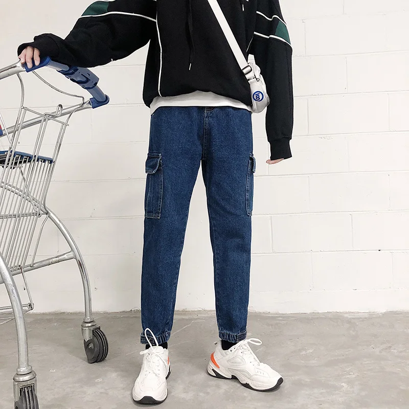 Autumn Jeans Men's Slim Fashion Embroidery Casual Jean Pants Men Streetwear Hip Hop Multi-pocket Tooling Denim Trousers Mens - Color: NavyBlue