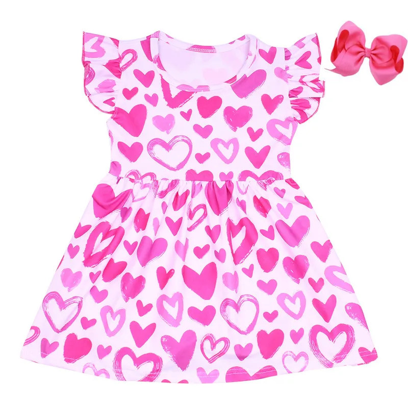 

Pink Heart Pattern Boutique Dress Valentine's day Girls Clothes Toddlers Flutter Sleeve Milksilk Dress with Accessories Wholesal