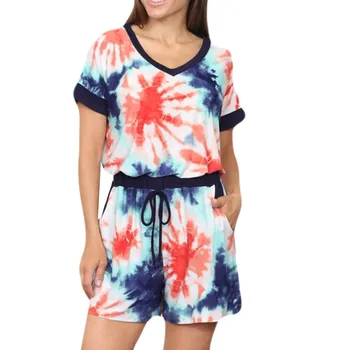 

Women rompersV-Neck Tie-dyed Slim Elastic Waist Mini Rompers Short Sleeve jumpsuit women комбинезон женский лето