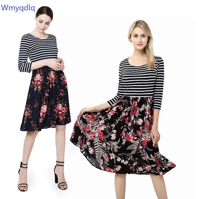 

Autumn Women's Dress 65% Cotton 30% Polyester 5 Spandex Round Neck Three-quarter Sleeve Printed A-line Pencil Skirt Nightdress
