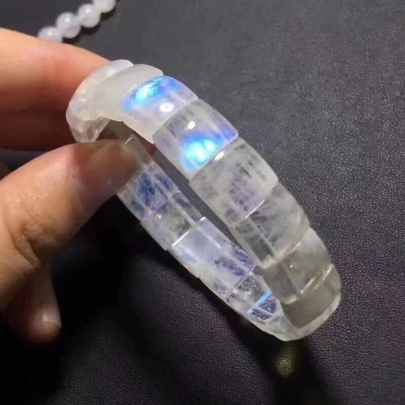 12mm Genuine Natural Blue Light Moonstone Crystal Clear Rectangle Beads Bracelet Women Men Healing Stone Certificate AAAAA