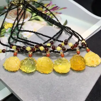 

Genuine Natural Original Amber Carved Flower Shape Pendant Kao Peony Black Spinel Bead Ladies High-end Jewelry Necklace