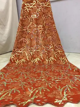

Latest Orange Velvet Lace Fabric 2019 African French Tulle Mesh Lace with 3d Sequins Nigerian Lace for Wedding Party Dress X10