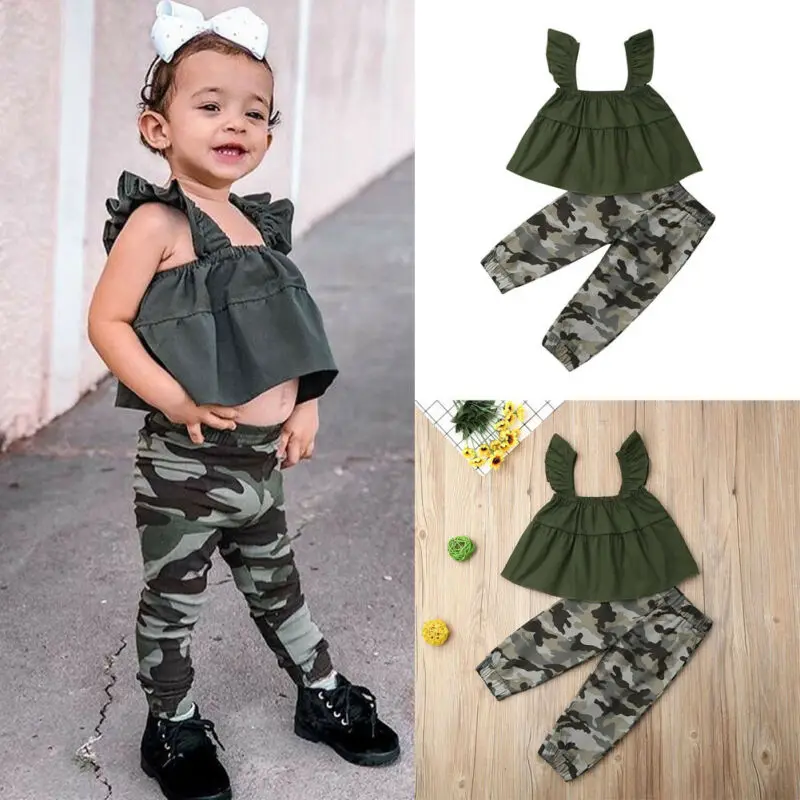 

UK Kids Toddler Kids Baby Girl Sling Tank Tops Camo Leggings Outfits Clothes Set