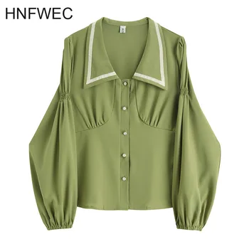 

Women Green Pleated Split Vintage Blouse New Lapel Long Sleeve Loose Fit Shirt Fashion Tide Spring Autumn 2020 V690