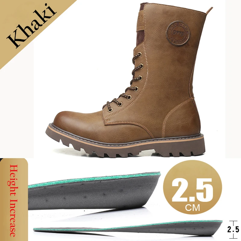 2.5 CM Khaki Misalwa/Классические ковбойские мужские сапоги до колена в винтажном стиле; мужские мотоциклетные высокие сапоги; мужские высокие сапоги до колена в военном стиле; обувь, увеличивающая рост 2,5 см - Цвет: 2.5 CM Khaki