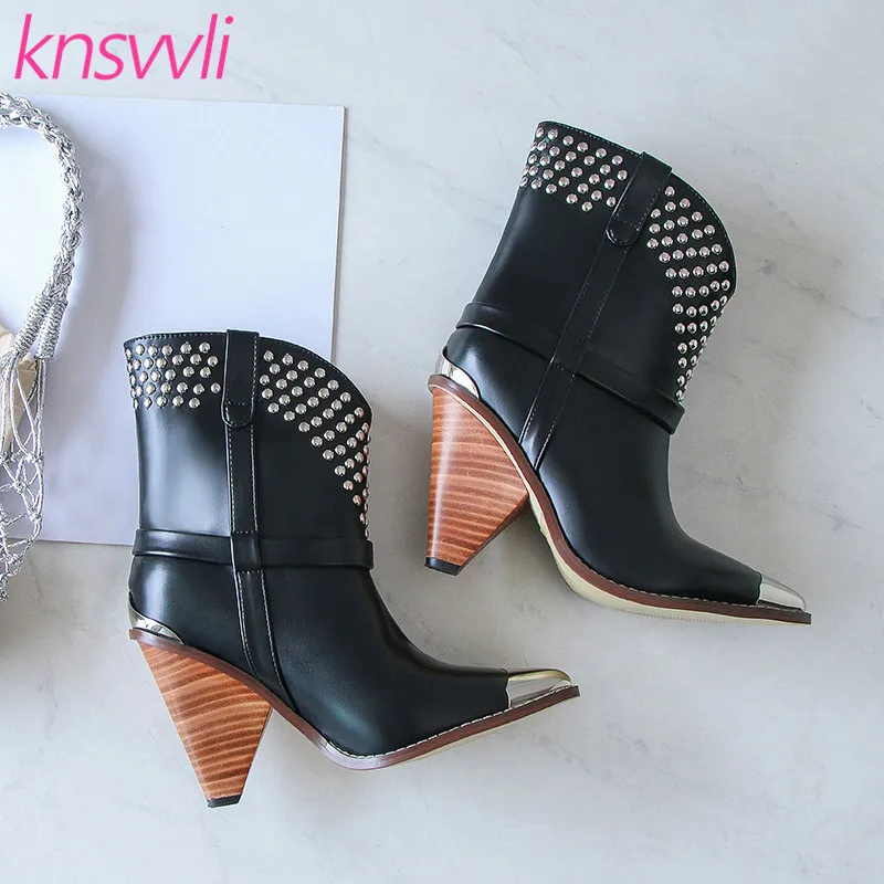 black Knsvvli/Сапоги до середины икры для подиума женские ковбойские сапоги на высоком каблуке-шпильке, с заклепками и металлическим острым носком, без шнуровки - Цвет: black