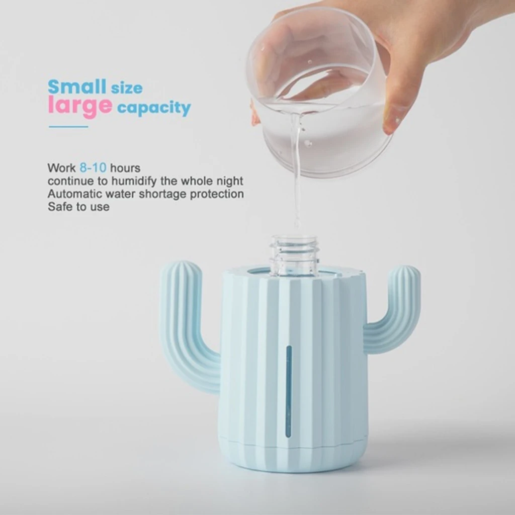 Cute Cactus Air Humidifier with Led Night Light for Home Car Office Desk - Create Clean & Fresh Air - USB or Battery Powered