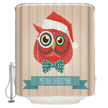 

Christmas Themed Cartoon Owl With Telescope And Red Hat Polyester Fabric Shower Curtain