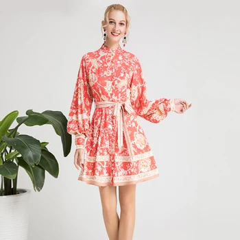 

Autumn 2019 New Long Sleeve Printed Slim Dress with Belt