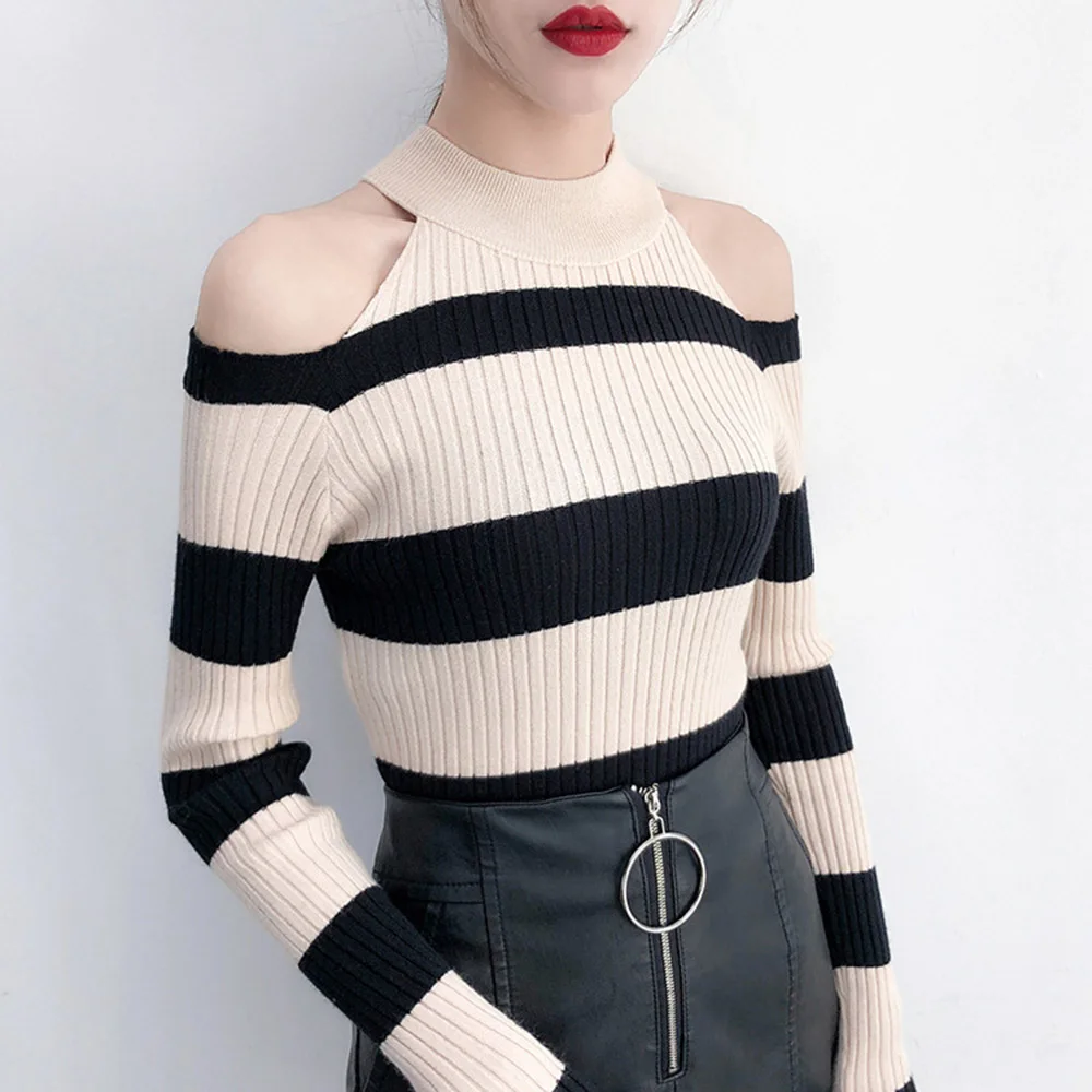 

VINTACY Color Block Knitted Sweater Autumn Striped Sexy Off Shoulder Sweater Women Autumn Winter 2020 Women Slim Fit Pullover