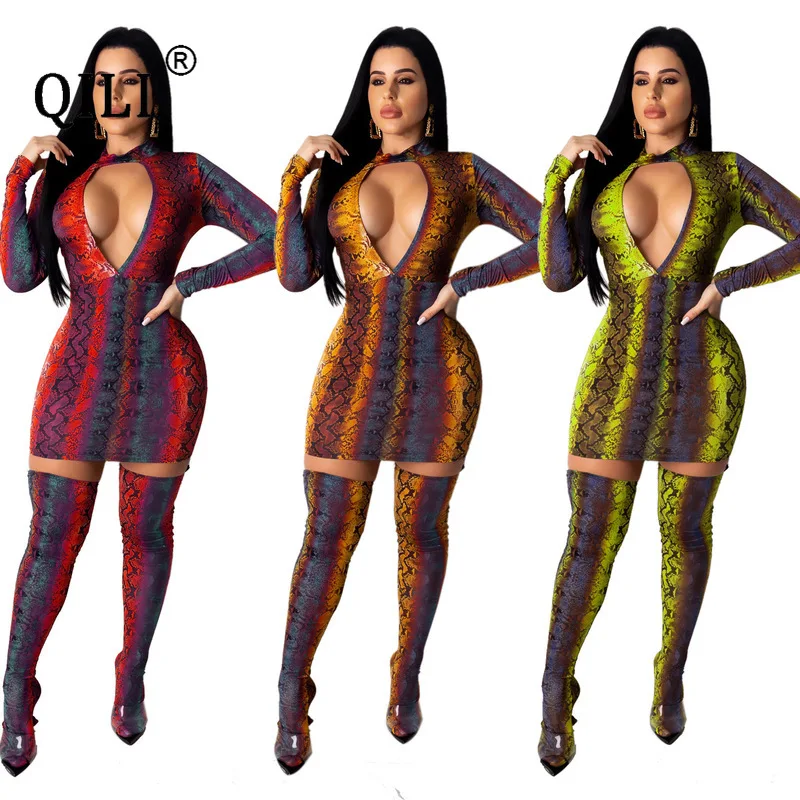 QILI Long Sleeve Snake Print Sexy Dress for Women Open Bust Short Mini Party Club Dresses Hollow Out Bodycon | Женская одежда