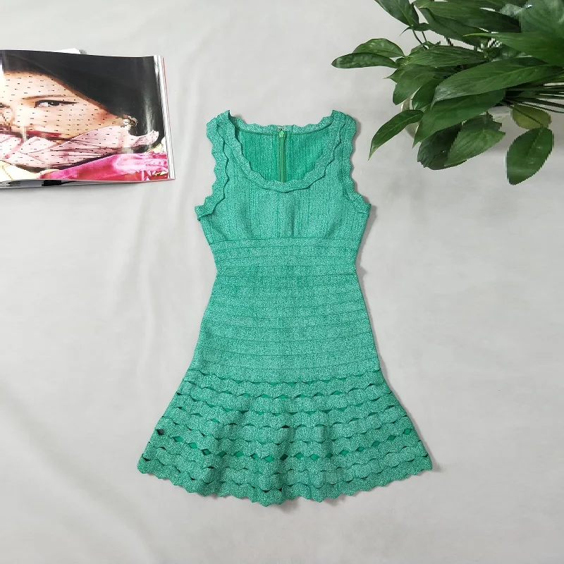 Зеленый Роскошное жаккардовое короткое платье без рукавов Vestidos модное женское вискозное А-образное летнее платье с круглым вырезом трикотажные вечерние платья знаменитостей Vestido - Цвет: Зеленый