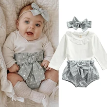 Ma & Baby-Conjunto de ropa para recién nacido, Pelele de manga larga de encaje, moño Pantalón corto con bombacho, disfraz de otoño y primavera DD40, de 0 a 18M