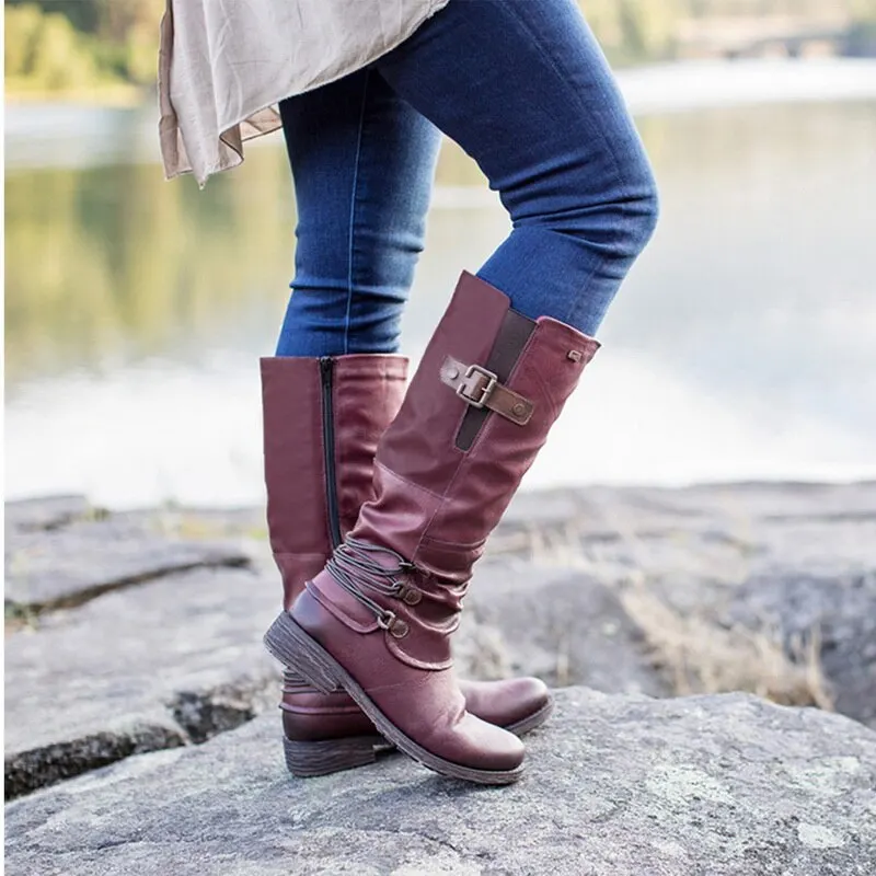 

Women Leather Mid Calf Boots Casual Slip On Autumn Winter Wedges Long Boots Fashion Pleated Round Toe Black High Boots Female