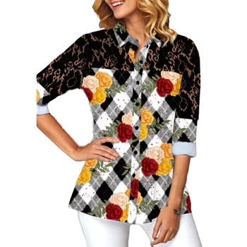 

Plus Size S-5XL Women Blouse Lace Shirt Nine Quarter Sleeve Single-Breasted Tops 2020 Summer Floral Print Female Blusas Shirt