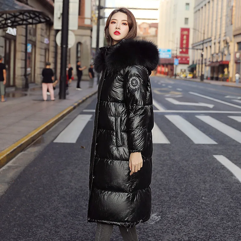 

Photo Shoot Ozhouzhan 2019 New Style down Jacket Cotton-padded Clothes Women's Long over-the-Knee Bright Surface Loose-Fit Large