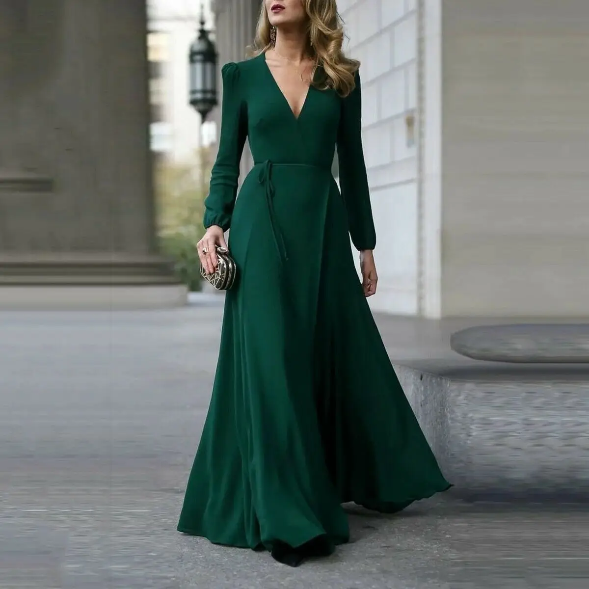 Сексуальное элегантное женское платье с глубоким v-образным вырезом и поясом, длинное платье макси, однотонное платье с разрезом, Пышное Платье с длинным рукавом, официальная одежда для вечеринок - Цвет: Зеленый