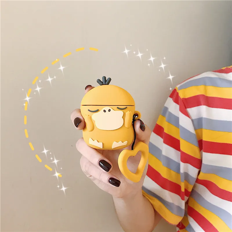 Pocket Monster Pokemon Psyduck Protective Cover Bluetooth Earphone Silicone Case Airpods Protection Accessories with Ring Strap