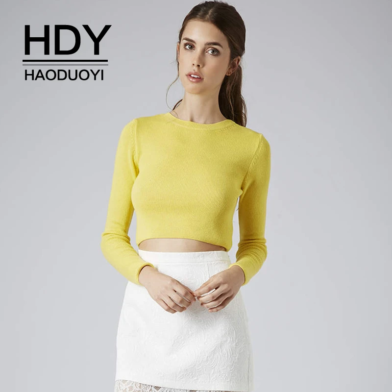 

HDY Haoduoyi Joker Slim Dew Waist Show Thin Rib Knit States Solid Color Long Sleeve Crewneck Tight Base Short Sweater