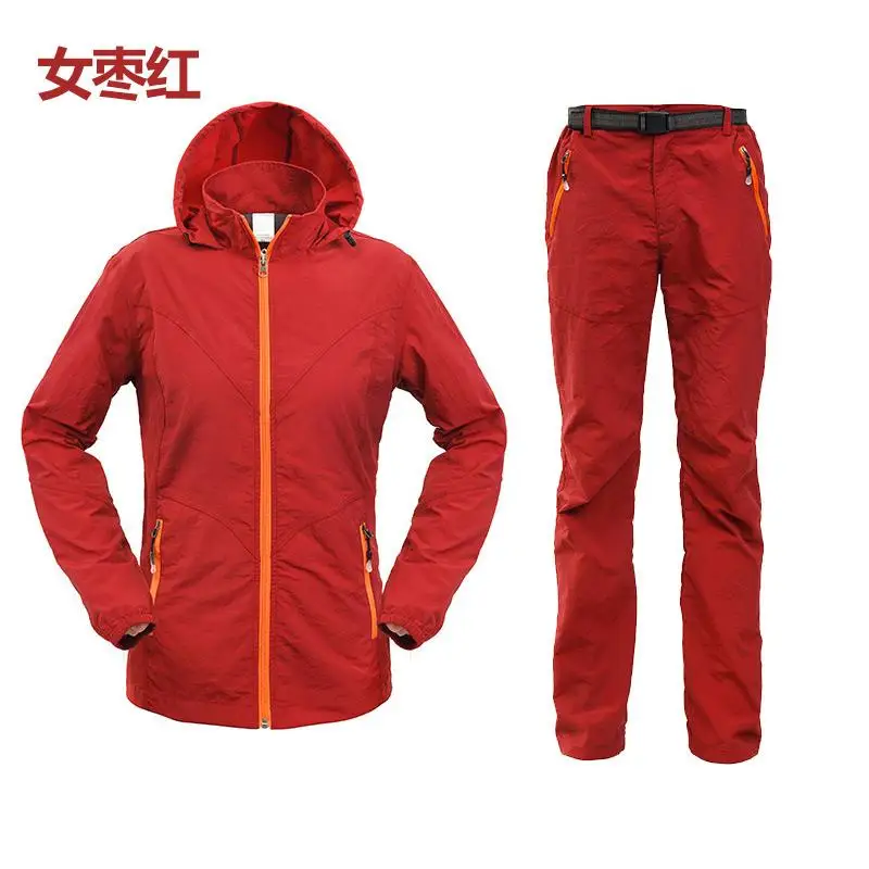 Women red Спортивный костюм унисекс для походов и рыбалки, дышащий ультра-светильник, куртка с капюшоном+ штаны - Цвет: Women red