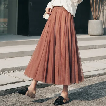 

Gray Beige Brown High Waist Long Maxi Tulle Skirt Women Spring Summer Autumn Pleated Sun School Mesh A-line Tutu Skirt Female