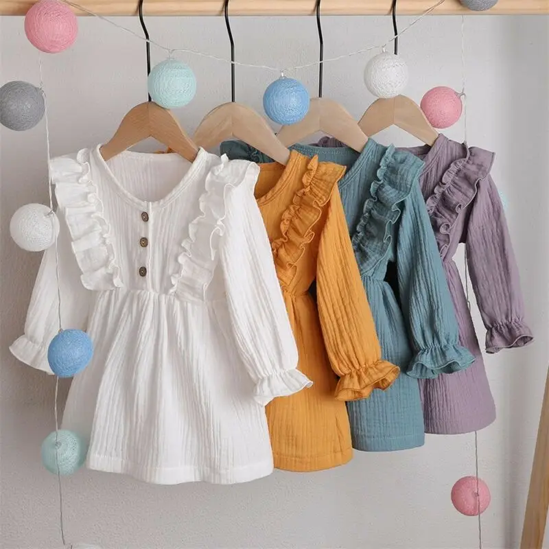 

1-6y Toddler Kids Baby Girl Autumn Dress Ruffles Long Sleeve Solid Cotton Linen Party Casual Dress Clothes