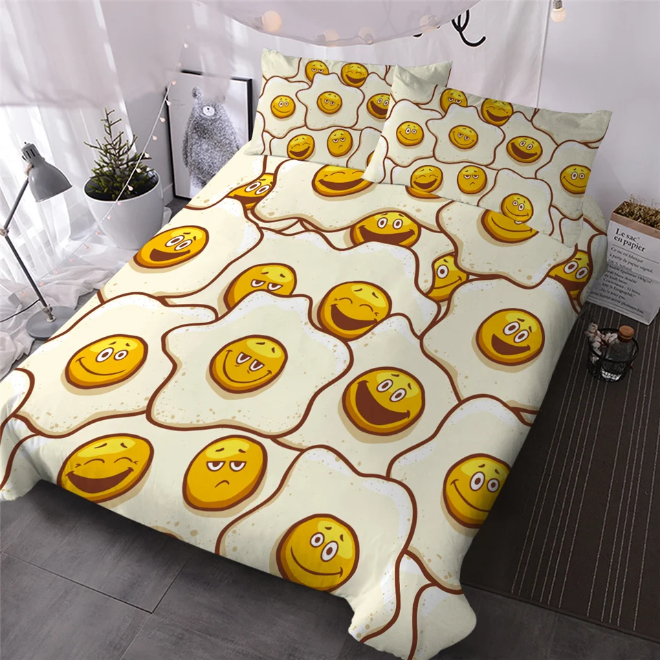 

HM Life Duvet Cover Set Cute Fried Eggs 3D Print Bedding Set Smiley Faces Home Textiles Cartoon Style Bedclothes for Kids 3pcs