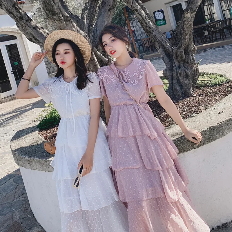 

2020 Summer Wear Bohemian Fairy Cake Dress Summer Waist Hugging Holiday Beach Skirt MORI Series Dress Women's College Style