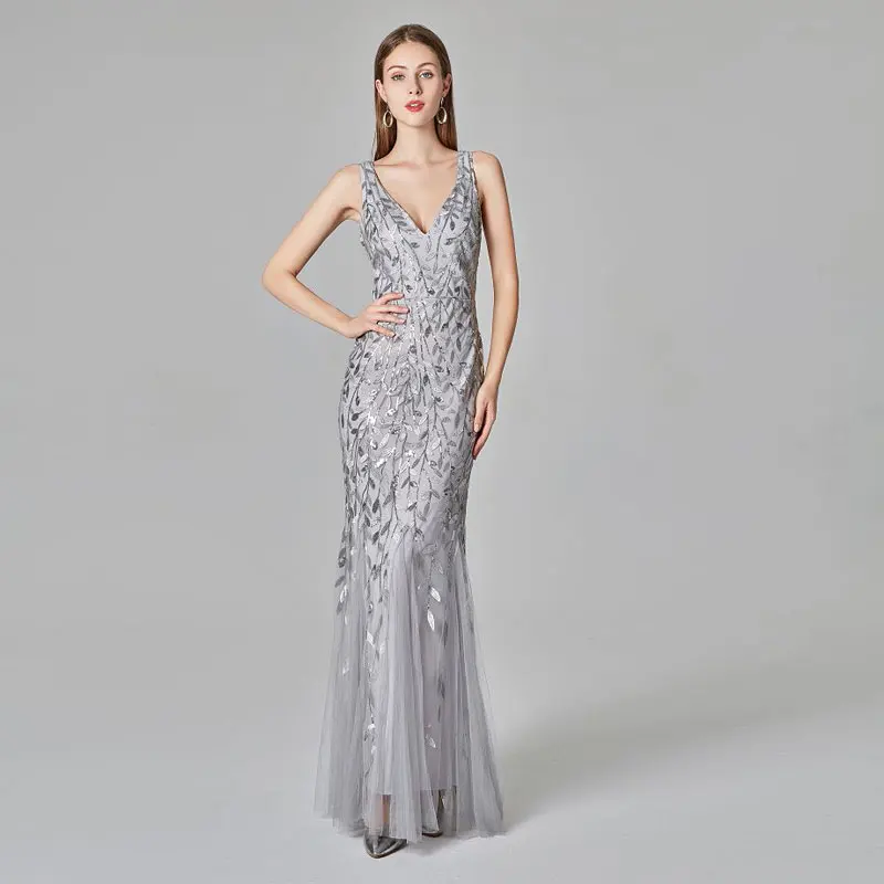 Beauty Emily модное серебряное Тюлевое вечернее платье с аппликацией, сексуальное вечернее платье с v-образным вырезом и рукавом на молнии сзади, Vestido