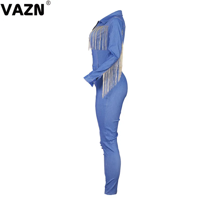VAZN NK060 с отложным воротником джинсовые новые спортивные костюмы комбинезоны с длинным рукавом облегающие длинные рукава женские бандажные длинные узкие комбинезоны