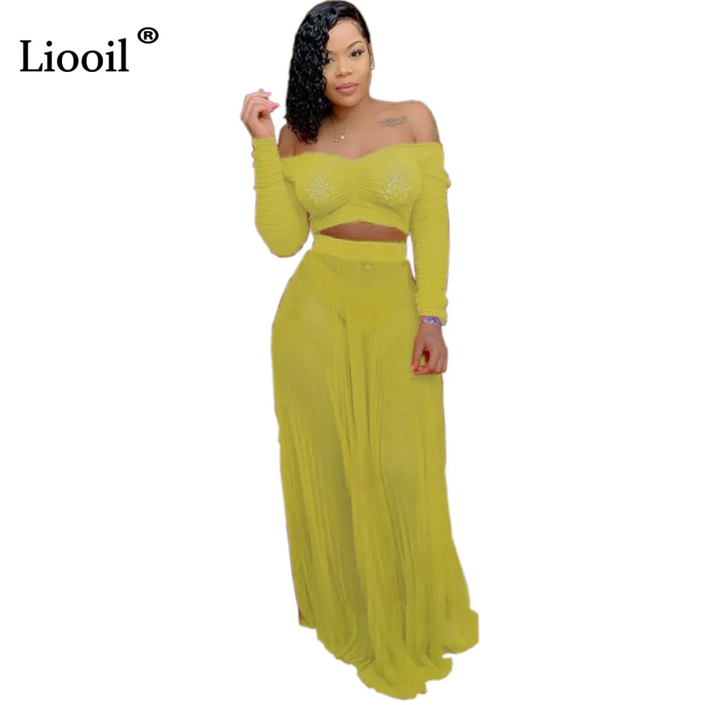 Liooil, сексуальное, прозрачное, Сетчатое, комплект из двух частей, свободное, плиссированное, макси платье, женская одежда для клуба, с открытыми плечами, с длинным рукавом, с рюшами, платье для ночного клуба - Цвет: Цвет: желтый