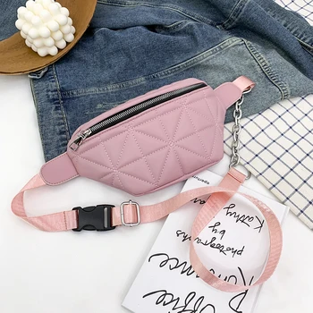 

Fashion Women Chest Bag Lattice Pattern Solid Color Chain Fanny Waist Belt Pouch Daily Travel Zipper Crossbody Shoulder Bag