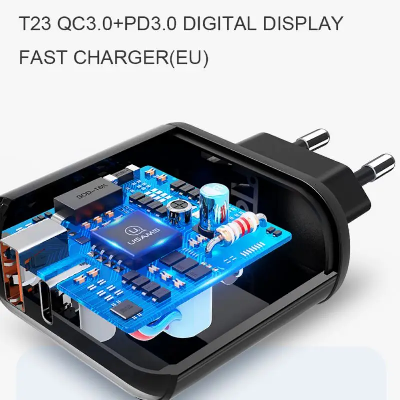 Настенное двухпортовое зарядное устройство цифровой дисплей Быстрая зарядка 3,0 PD Быстрая зарядка USB-C дорожный адаптер питания для iPhone для huawei телефон