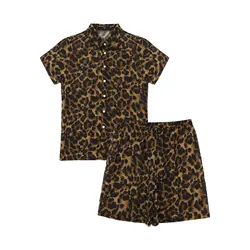 Mens Fashion Leopard Printed Pajama Sets Summer Beach Streetwear Turn-down Collar Short Sleeve Button Shirt with Shorts